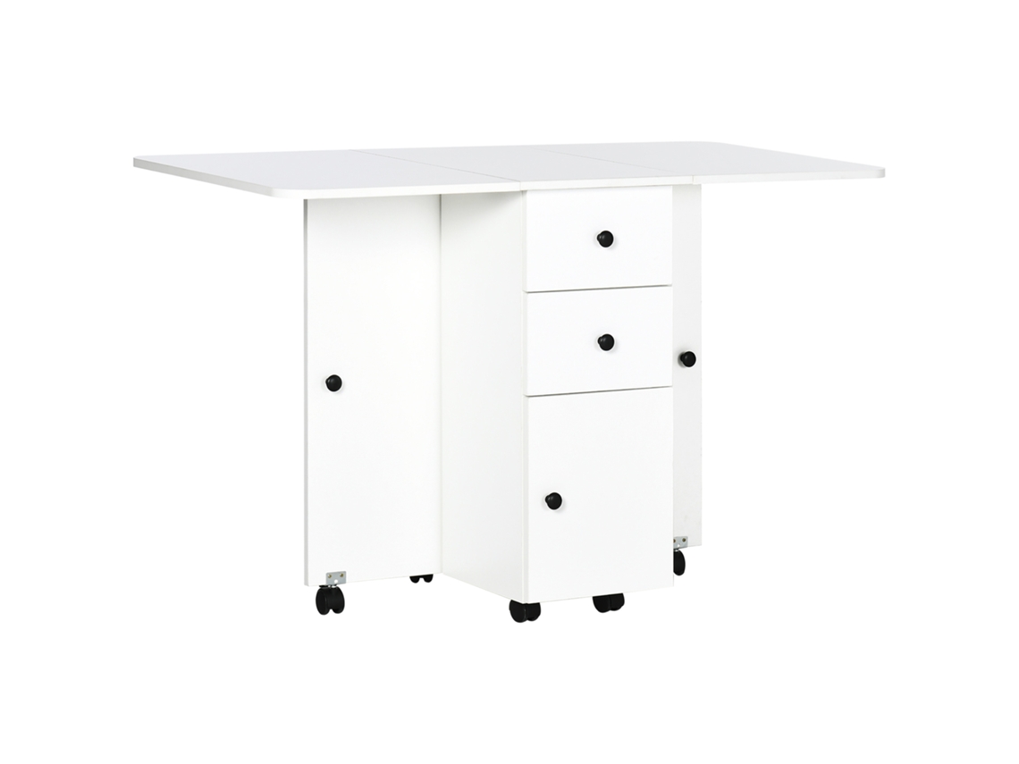 Mesa De Jantar Dobrável Com Rodas Abatível Com 2 Gavetas E Armário Auxiliar Multifuncional 120x60x76,5cm Branco