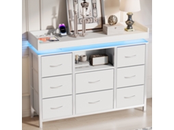 Cômoda De Tecido Com 8 Gavetas, Iluminação Led E Tomada Elétrica, Unidade De Armazenamento Estável, Estrutura De Aço, Anti-tombamento, Branca.