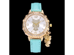 Relógio de Pulso Feminino com Pingente de Coruja e Pedras Strass Pulseira de Couro Pu Menta