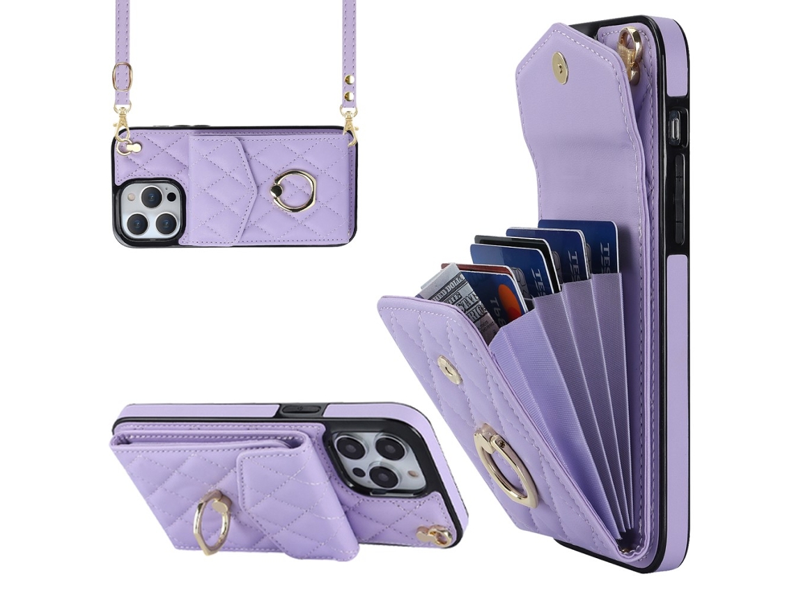 Suporte Casa Bloqueio Rfid Para Iphone 15 Pro Pele Sintética Com Porta-cartões Roxo
