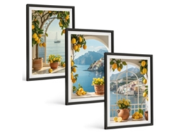Quadros Decorativos Para Parede Cidade Litorânea, Limões E Flores Moldura Preta Imagens Para Um Quarto Infantil Espelharte (3 Piezas De 40x60 Cm)