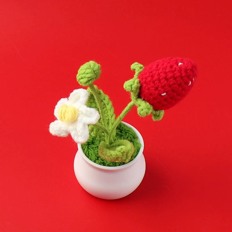 Flor De Morango De Crochê Fofa, Flor De Tricô Criativa, Planta Em Vaso