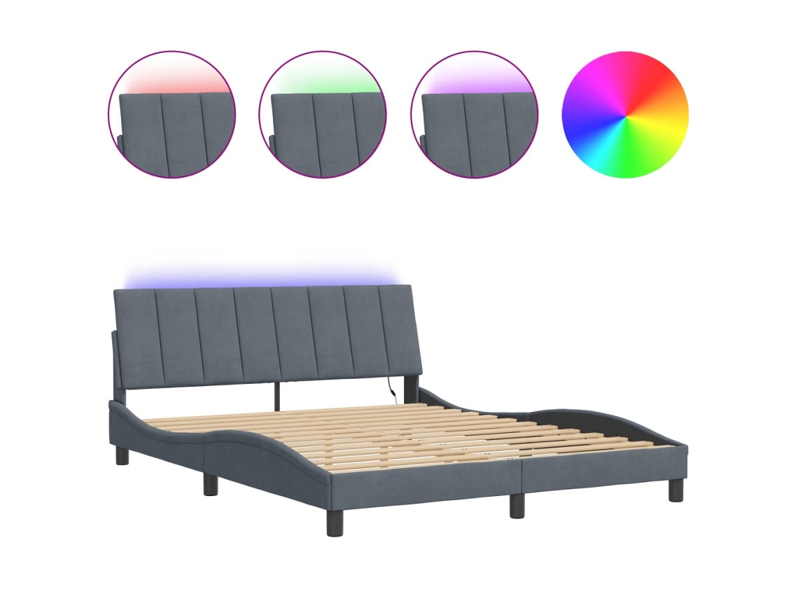 Estrutura de Cama com Led HANKO em Veludo Cinzento Escuro (160x200 cm)