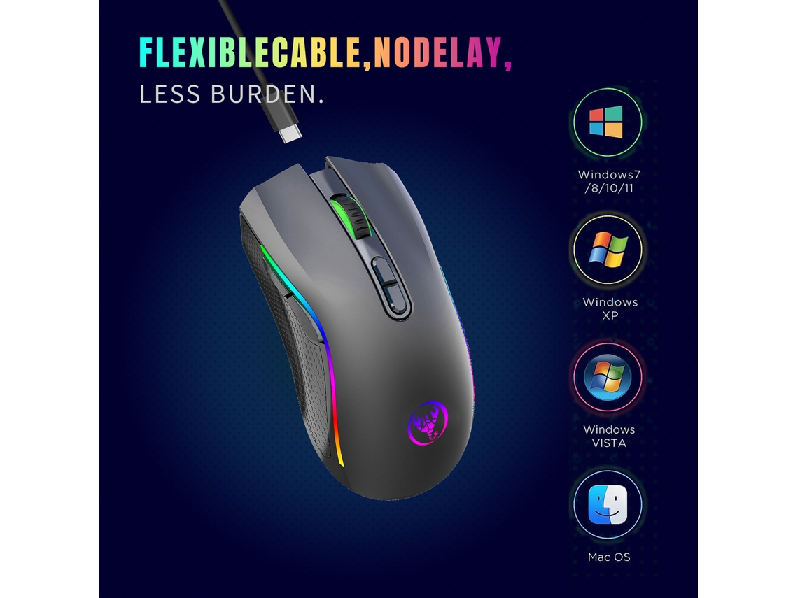 Hxsj T69 Mouse Gamer Mecânico Sem Fio 2.4g Rgb 4800dpi Ergonômico 7 Botões