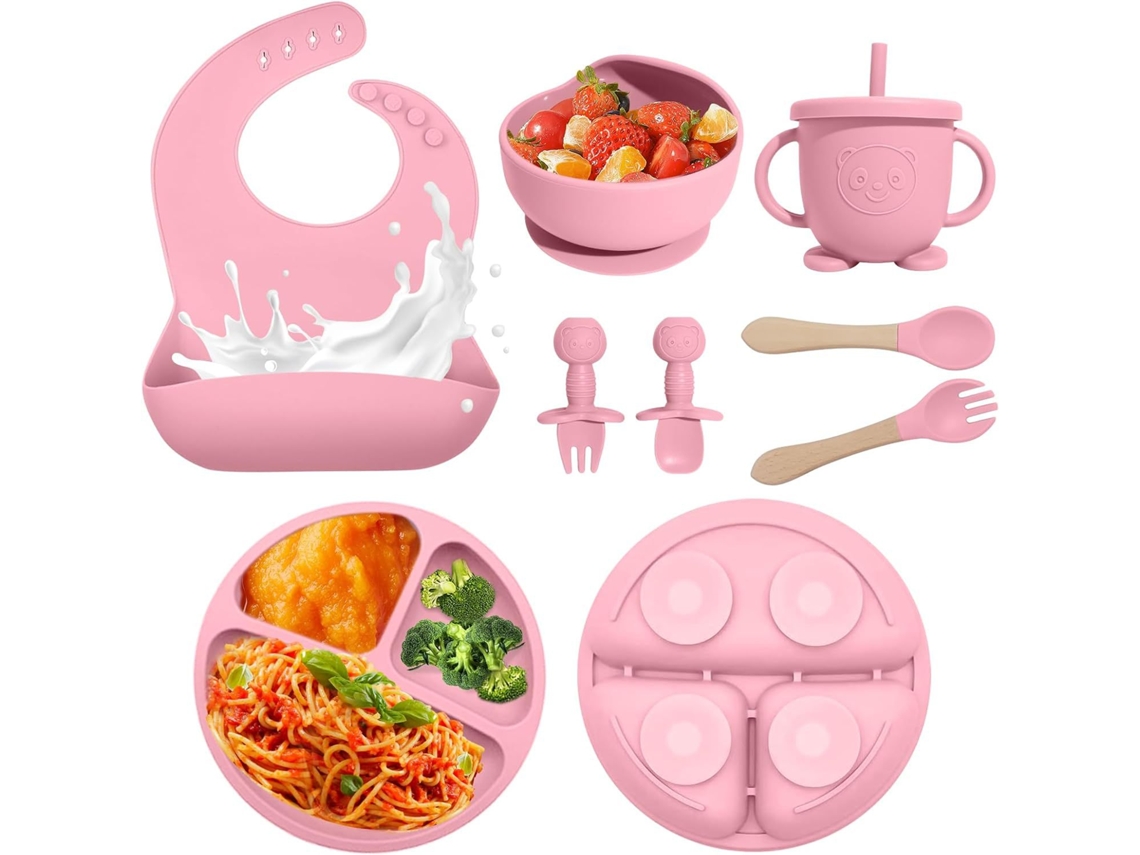 Conjunto de Alimentação para Bebê em Silicone 8 Peças,prato Dividido com Ventosa, Tigela, Babador, Colher, Garfo Rosa PANOONA