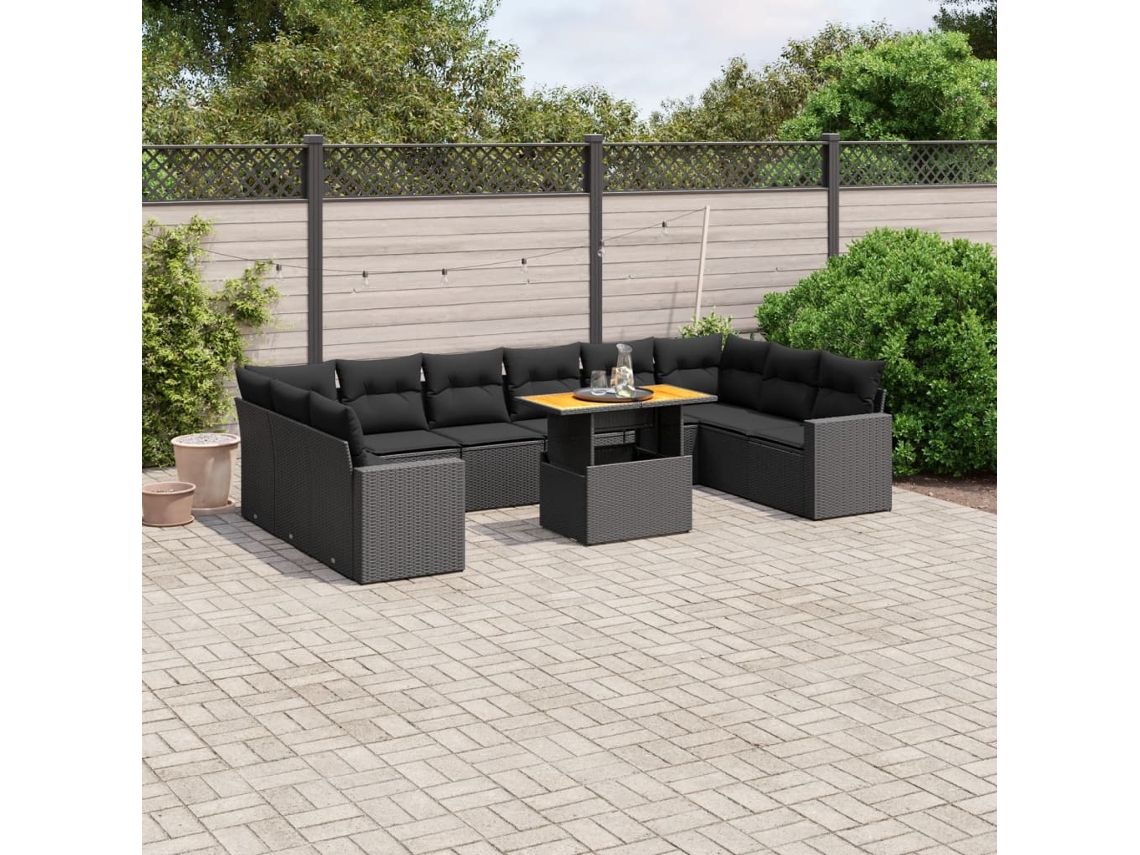 11 Pcs Conjunto Sofás De Jardim C/ Almofadões Vime Pe Preto Dkd Home Decor