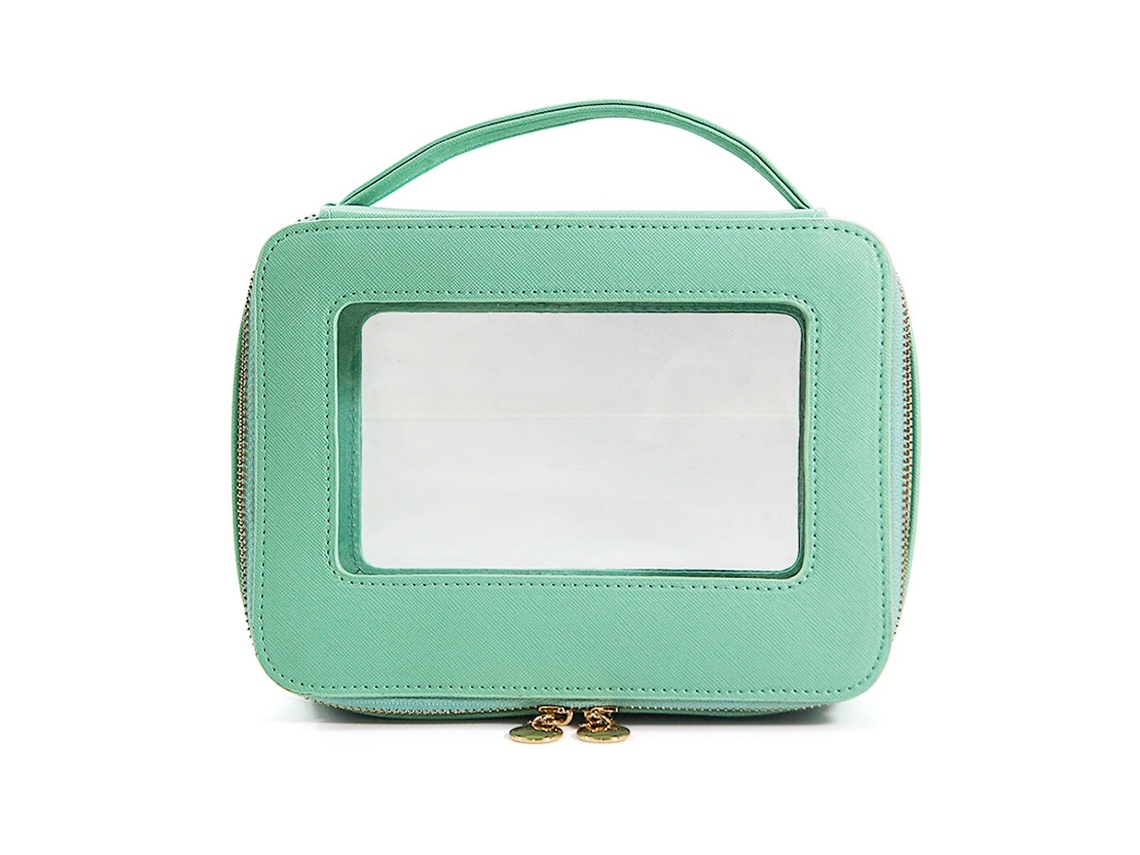 Bolsa de Maquiagem Feminina para Viagem em Couro com Janelas Transparentes e Zíper Dourado NEVEANCE