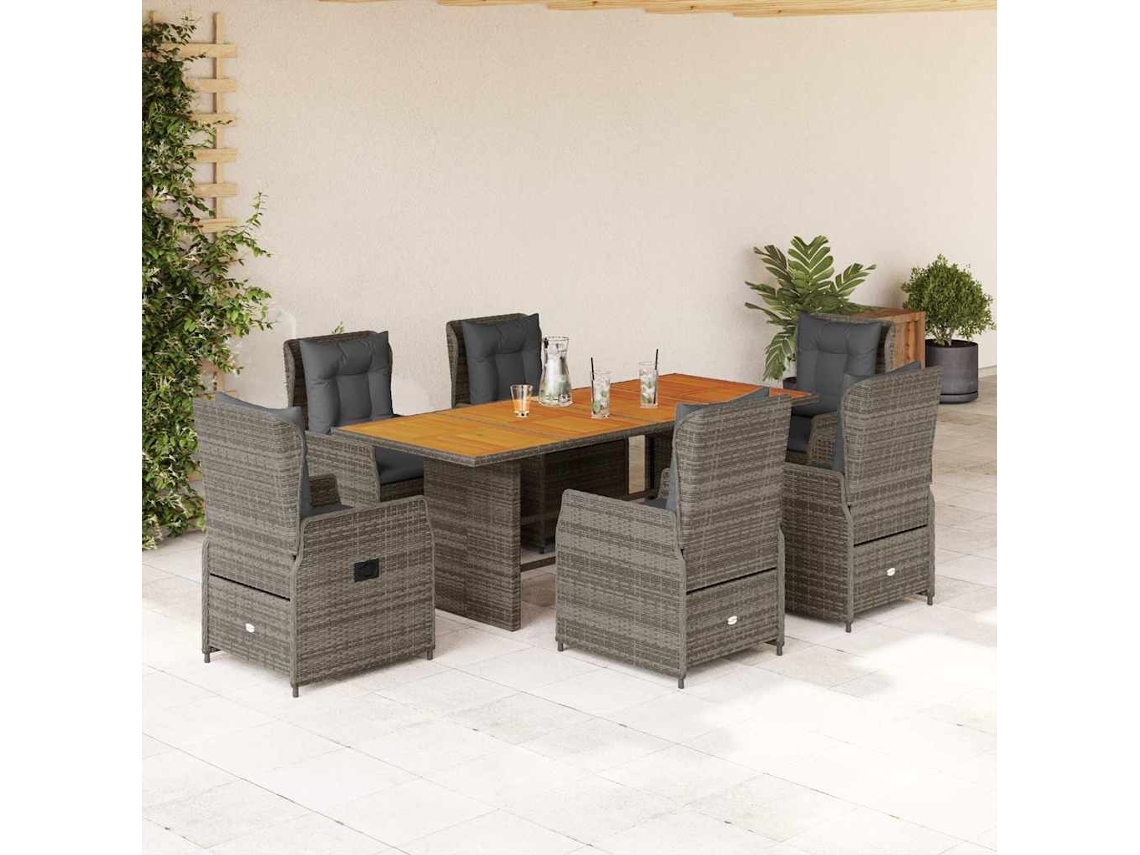 Vidaxl 7 Pcs Conjunto De Jantar P/ Jardim C/ Almofadões Vime Pe Cinza