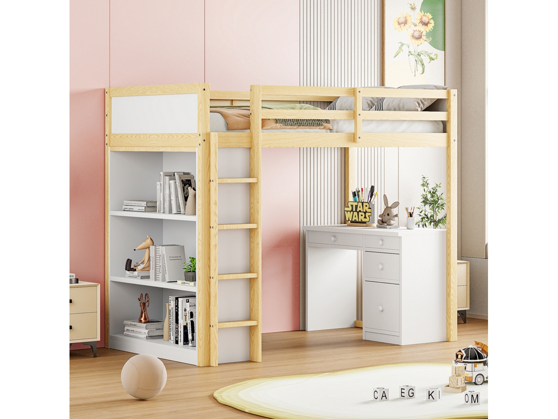 Cama Alta 90 X 200 Cm Com Armários E Escrivaninha, Cama Alta Multifuncional De Madeira.