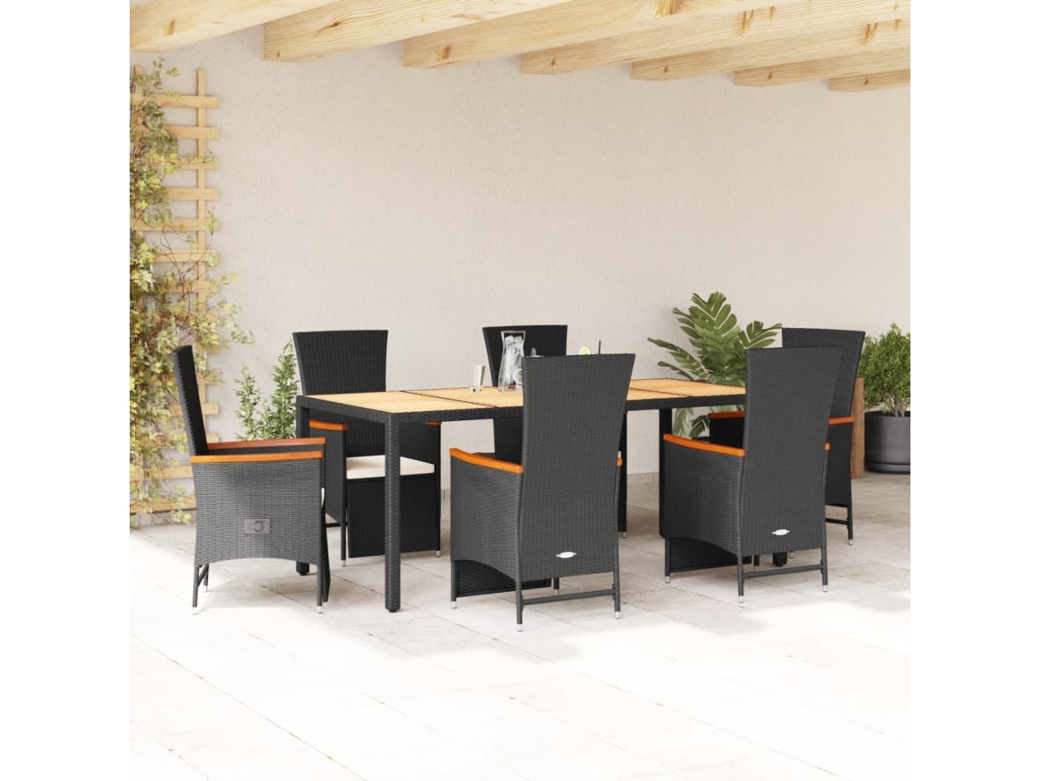 7 Pcs Conjunto De Jantar P/ Jardim C/ Almofadões Vime Pe Preto Dkd Home Decor