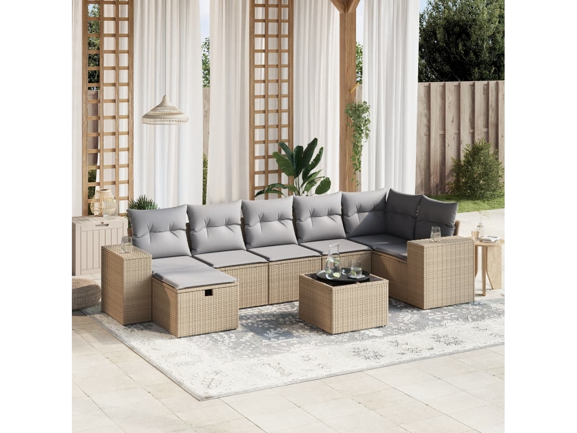 Vidaxl 8 Pcs Conj. Sofás Jardim C/ Almofadões Vime Pe Bege Misturado