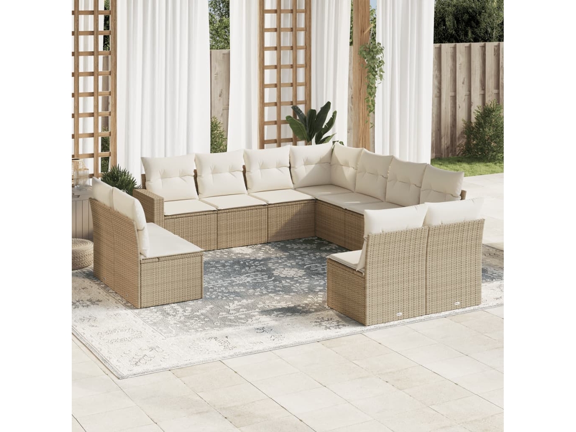 Vidaxl 11 Pcs Conjunto Sofás De Jardim C/ Almofadões Vime Pe Bege