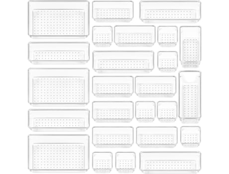 Conjunto 25 Organizadores De Gavetas Em Plástico Transparente 4 Tamanhos, Para Casa De Banho, Maquilhagem, Cozinha, Escritório. Igvtrade
