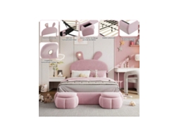 Polsterbett Rosa Com Luz Led Ajustável, Base Hidráulica E 2 Banquetas De Armazenamento 140x200cm Liptaptyn