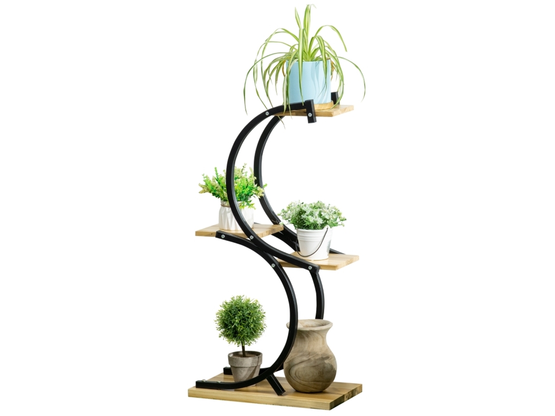 Suporte para plantas em forma de S com estrutura metálica e madeira maciça Preta HVORSTUR (46x25x91 cm)