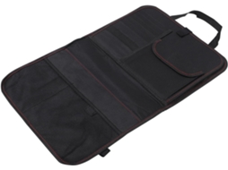 Organizador para banco traseiro de carro com mesa dobrável e proteção para armazenamento.