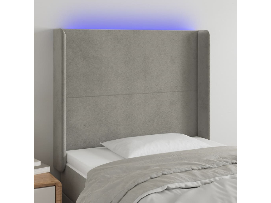 Vidaxl Cabeceira Cama C/ Luzes Led Veludo 103x16x118/128cm Cinza-claro