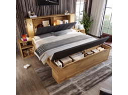 Cama De Madeira 180x200cm Com Cabeceira, Gavetas, Mesas, Lâmpadas Usb E Prateleira
