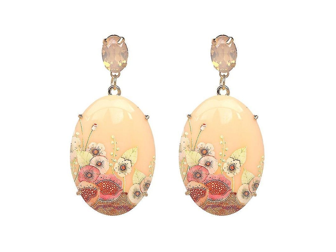 2026 pendientes Colgantes de Resina Ovalada Con Flores Y Piedras Brillantes para Mujer Elegante Color Beige