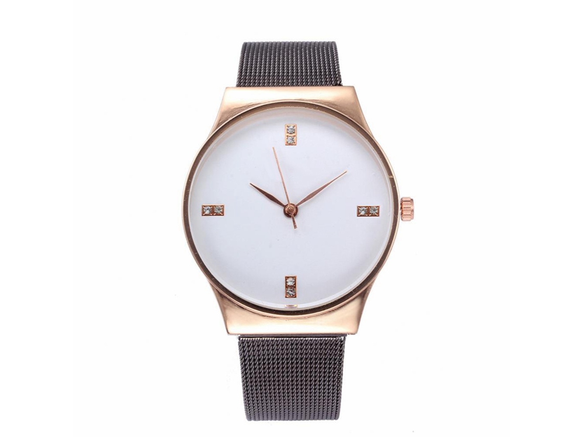 Relógio de quartzo com pulseira de malha de aço inoxidável e strass (branco e ouro rosa)