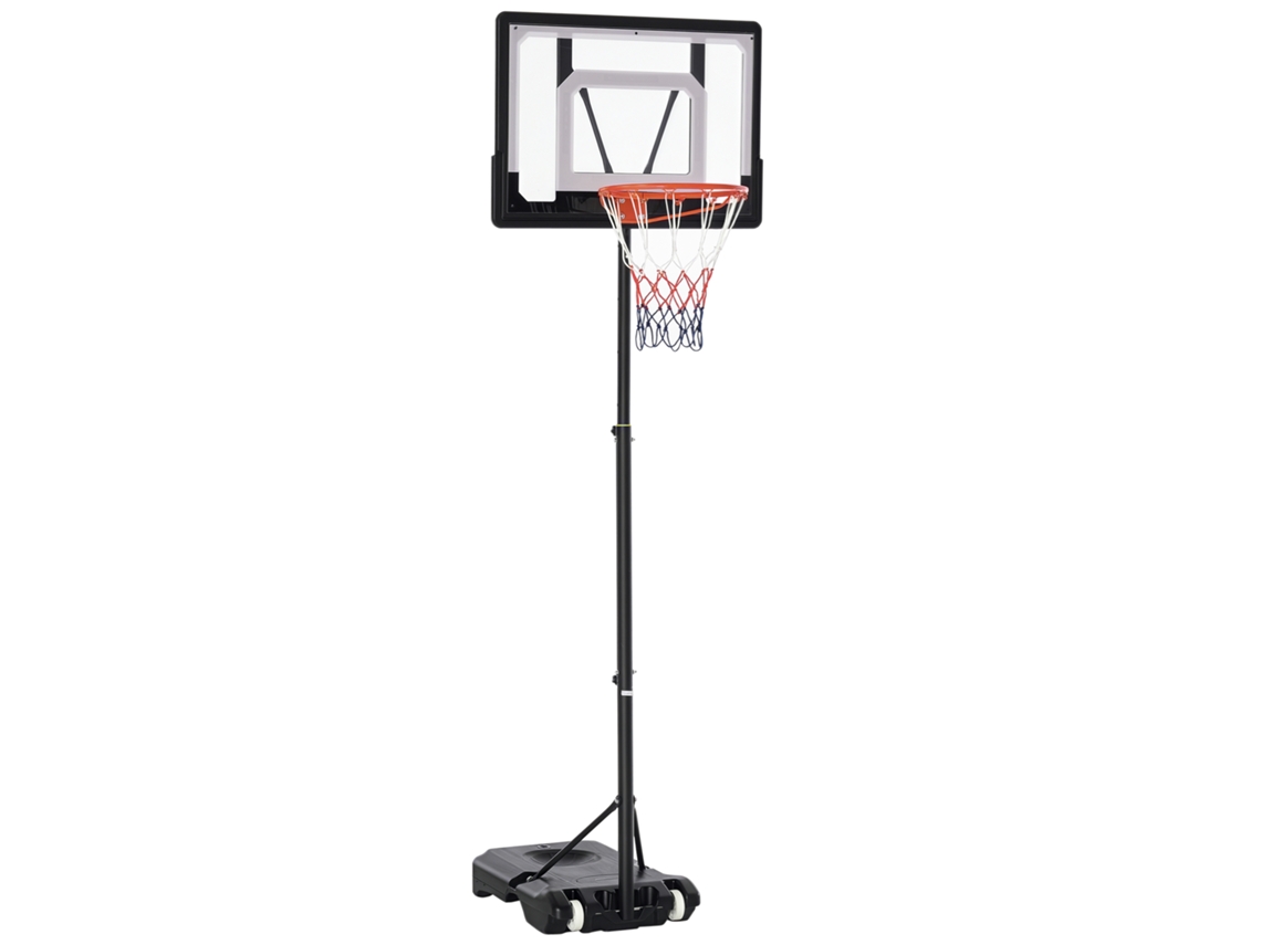 Cesta ajustável em altura de 160 a 210 cm, estrutura e base de aço com rodas, placa traseira transparente em PE Chimi.