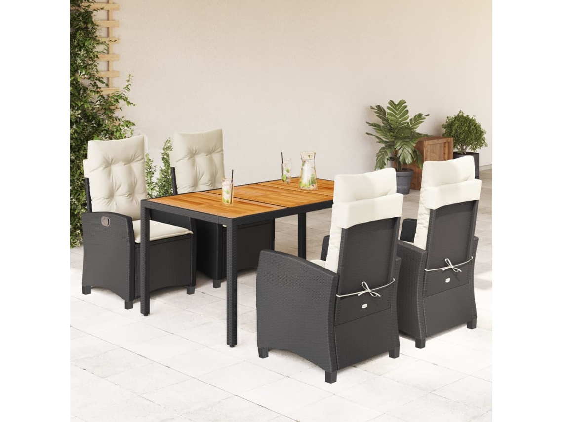 Vidaxl 5 Pcs Conjunto De Jantar P/ Jardim C/ Almofadões Vime Pe Preto