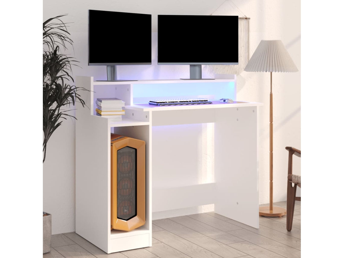 Vidaxl Secretária Com Luzes Led 97x45x90cm Madeira Processada Branco