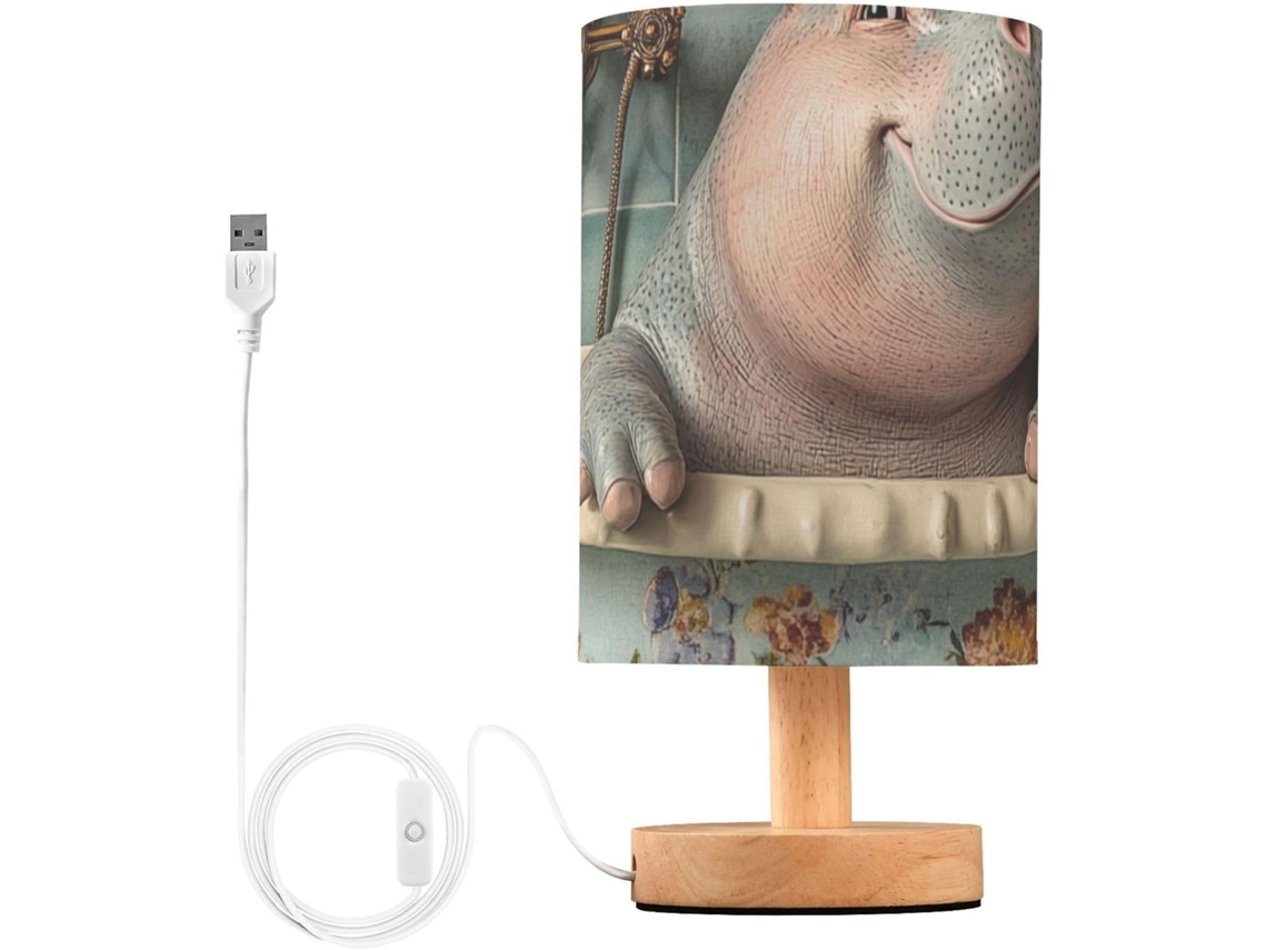 Luminária de mesa LED vintage em formato de hipopótamo com porta USB para quarto infantil.