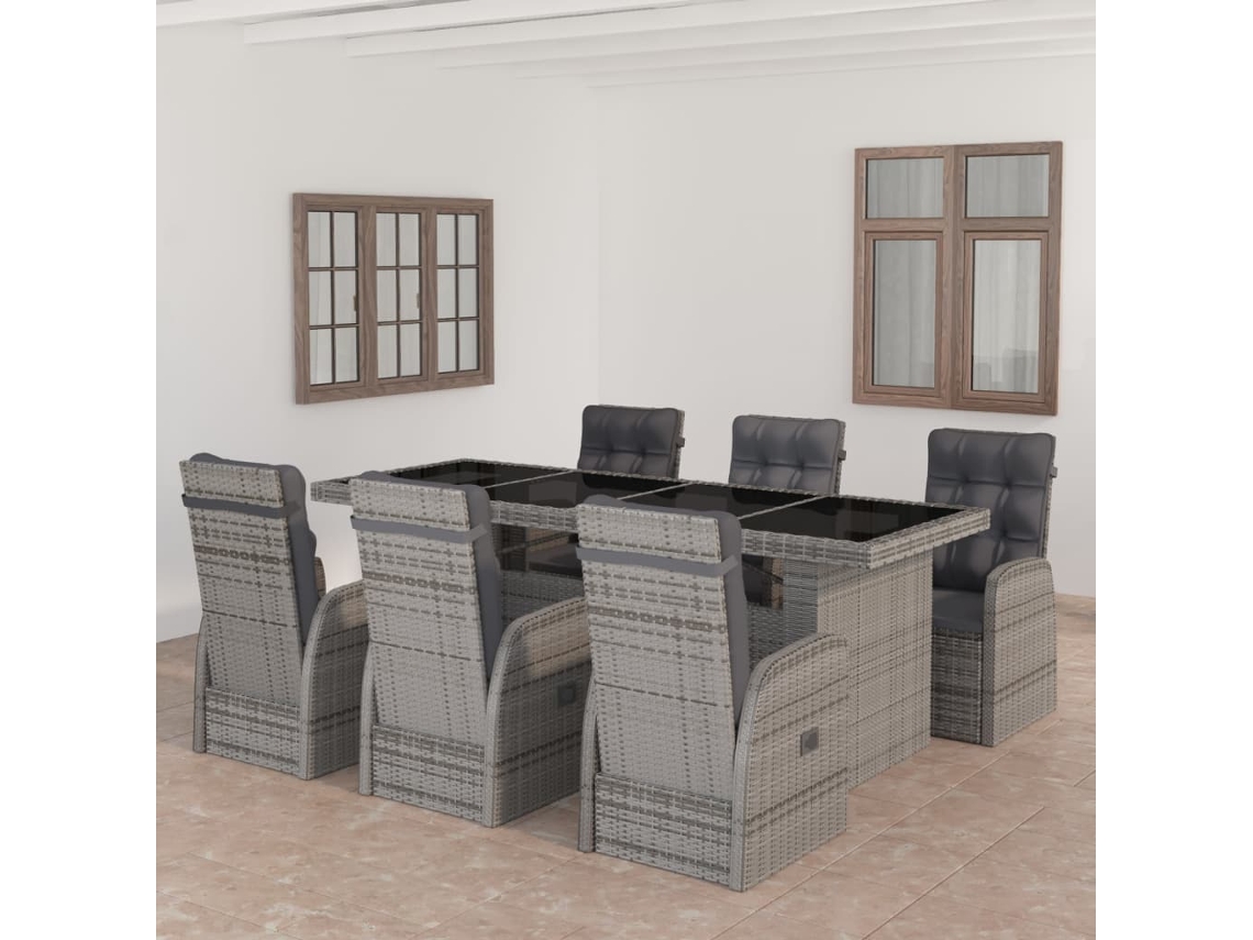 Vidaxl 7 Pcs Conjunto Jantar Exterior Com Almofadões Vime Pe Cinzento
