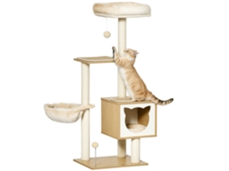 Árvore para Gatos com Arranhador Poste Sisal Nicho Rede Cesta Almofadas Removíveis 126cm Bege S/MARCA