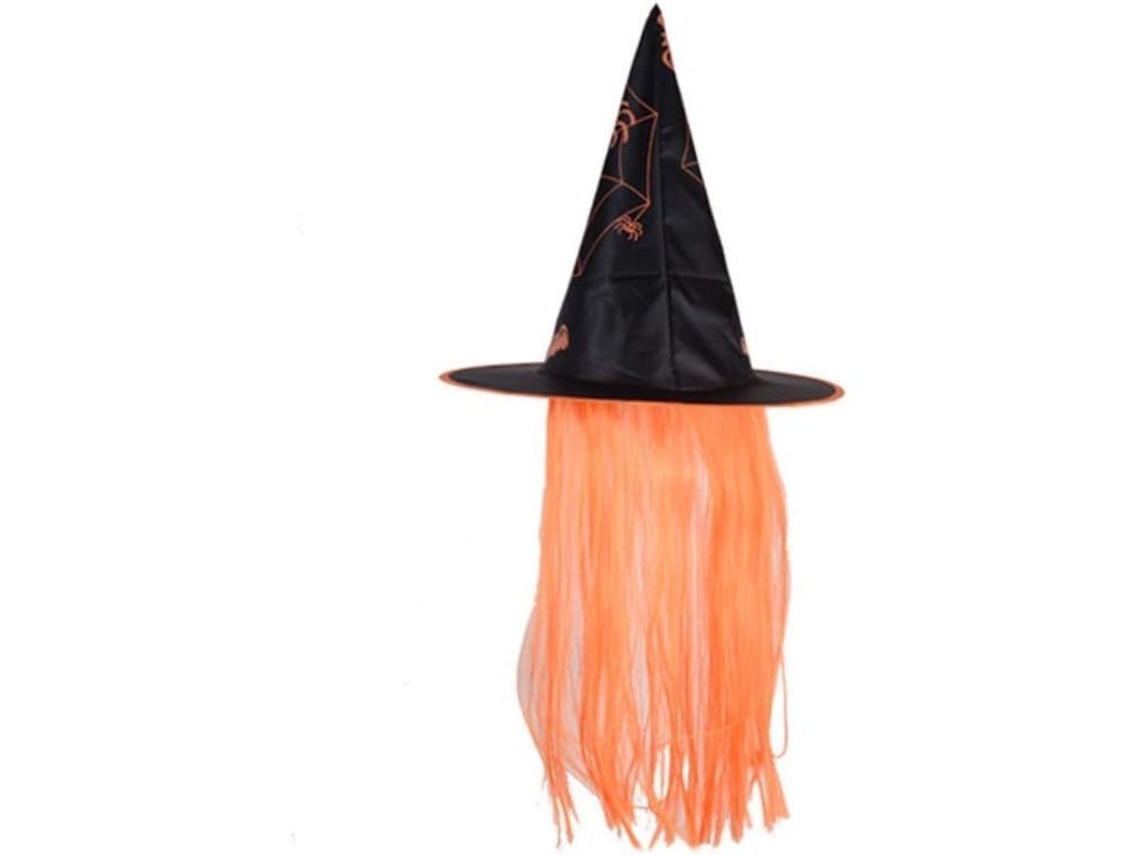 Chapéu de bruxa com peruca para decoração de Halloween, acessórios para festas e bailes de máscaras.