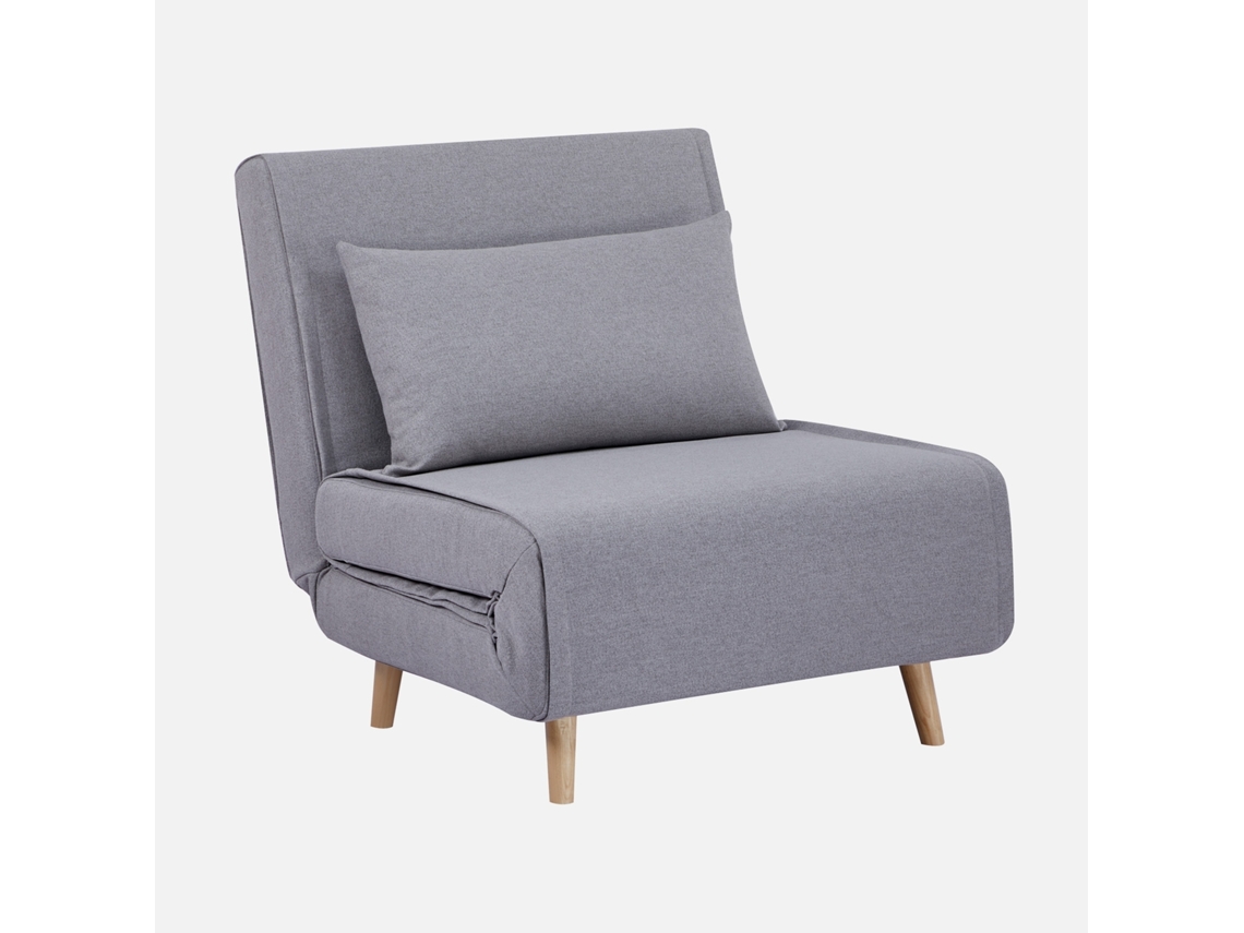 Poltrona Cama Em Tecido Simples Com Base Em Madeira, Cinza