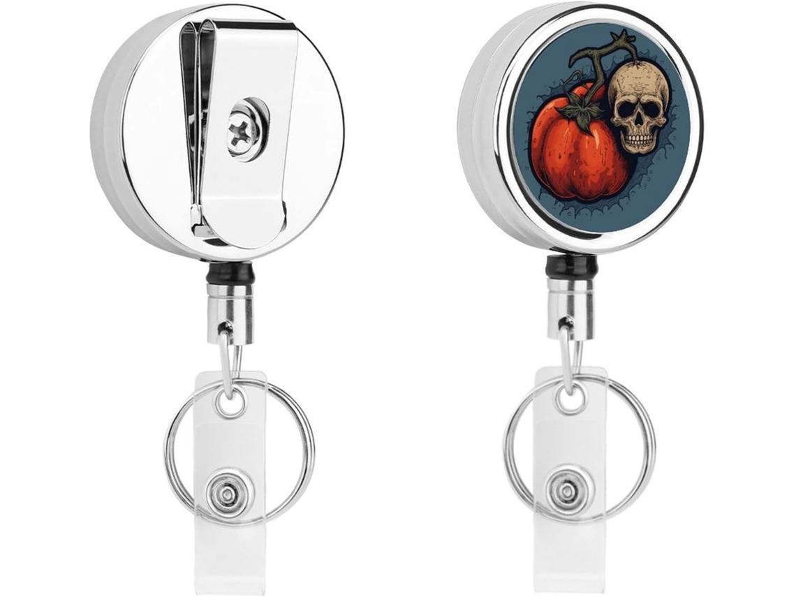 Porta Crachá Retrátil Com Clipe de Identificação em Formato Tomate e Caveira, Chaveiro Retrátil, Porta Cartão Cartão