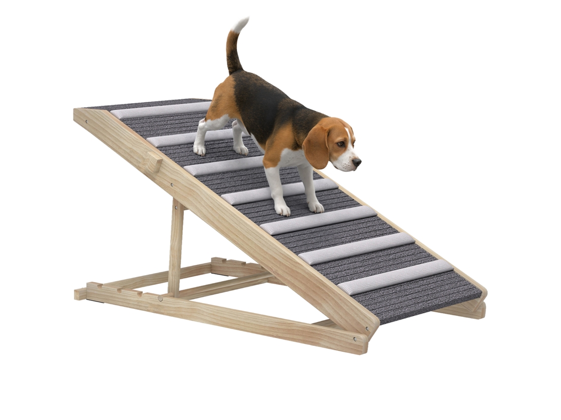 Rampa Dobrável para Cães com Altura Ajustável 35 50 Cm e Tapete Antiderrapante 100x50x50 Cm Madeira e Cinza Ge