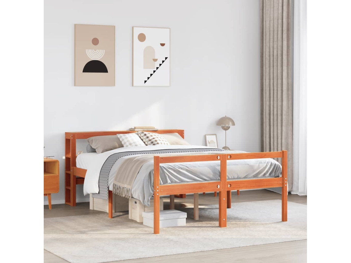 Vidaxl Estrutura Cama C/ Cabeceira 140x200cm Pinho Maciço Castanho-mel