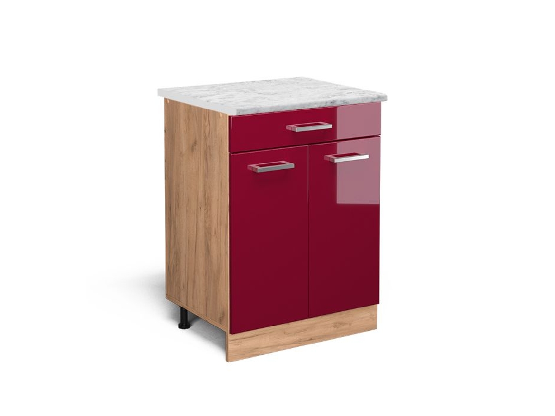 Móveis de cozinha R-Line, mármore PT 60cm, vermelho Borgonha alto brilho, carvalho dourado, VICCO