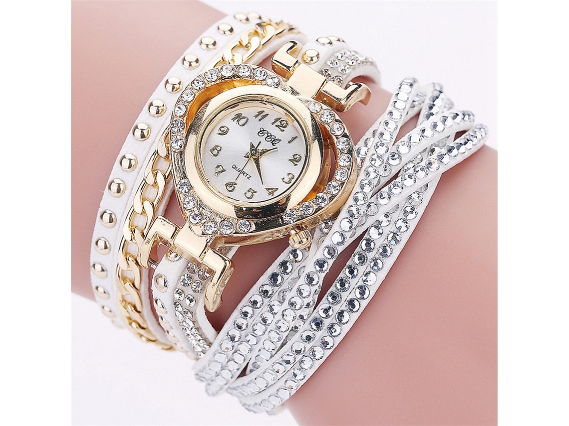 Relógio Pulseira Feminino de Liga com Quartzo e Strass Coração em Camadas Branco