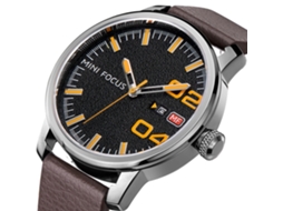 Relógio de pulso masculino Mini Focus analógico em couro, à prova d'água, quartzo, laranja e preto.