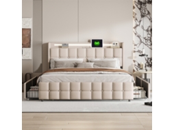 Cama De Casal Com Gavetas 160x200 Cm, Cama Estofada Com Arrumação Bege Com 4 Gavetas, Iluminação Led, Estrado De Ripas, Sem Colchão