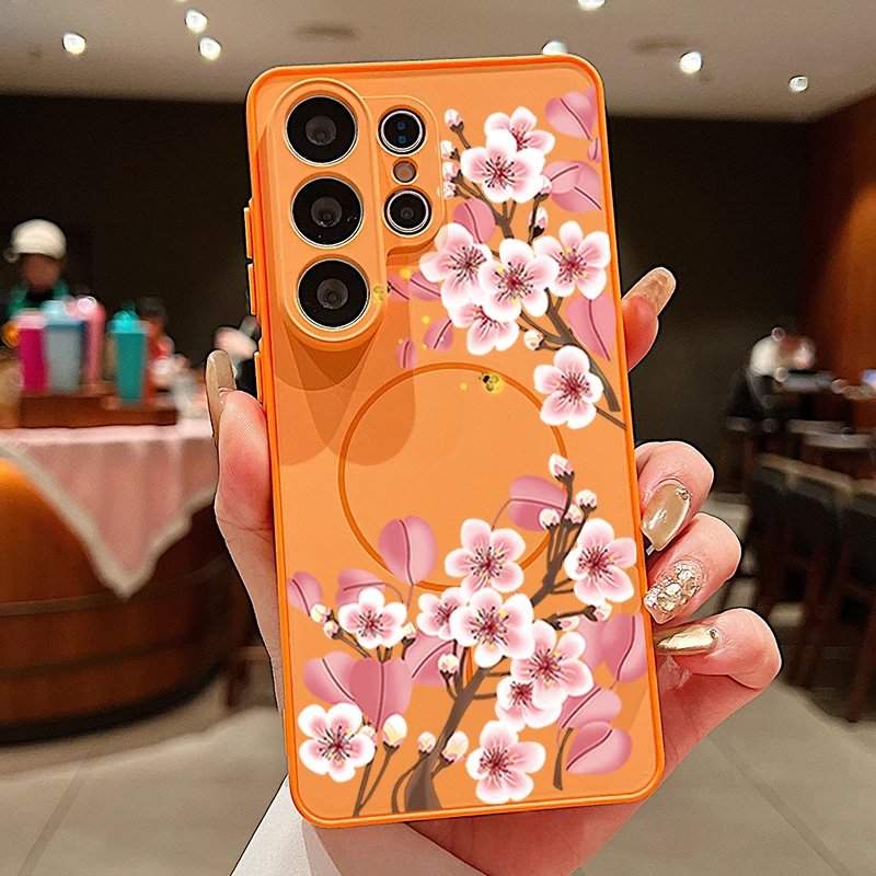 Capa Magnética Para Celular Galaxy A55 Com Estampa De Flor De Pêssego (laranja).
