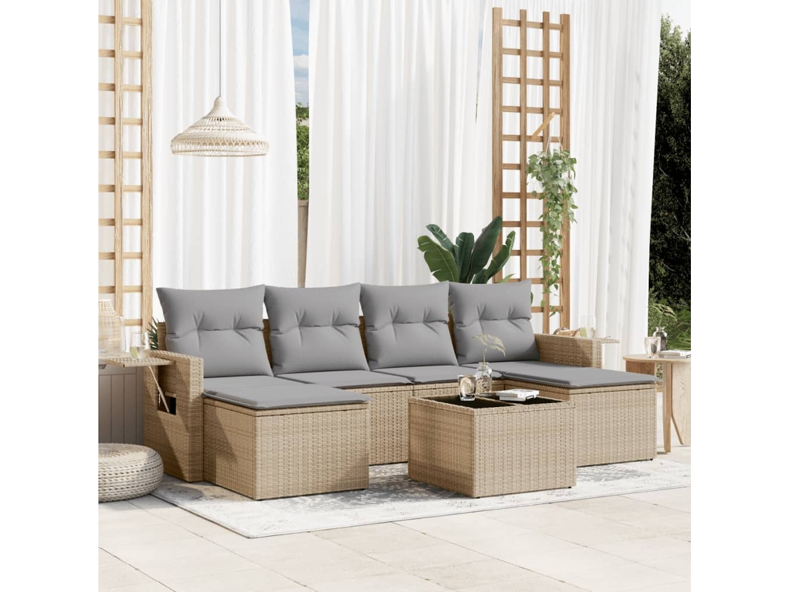 Vidaxl 7 Pcs Conjunto De Sofás P/ Jardim Com Almofadões Vime Pe Bege