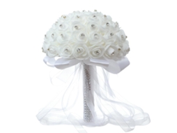 Buquê de Noiva Artificial Branco com Pérola de Cristal para Casamento, Decoração de Casa