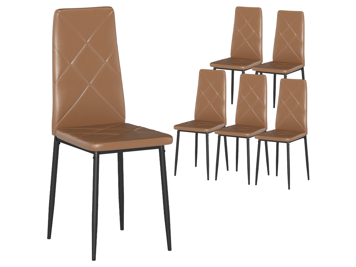 Conjunto De 6 Cadeiras De Jantar Modernas Com Encosto Alto Em Couro Sintético E Aço, 41x50x97 Cm, Marrom