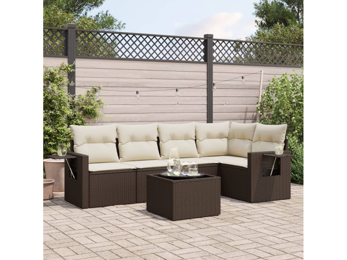 Vidaxl 6 Pcs Conjunto De Sofás Jardim C/ Almofadões Vime Pe Castanho