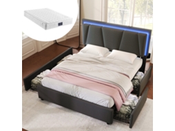 Cama Estofada Casal 160x200 Led 4 Gavetas Cabeceira Ajustável Cinza Com Colchão