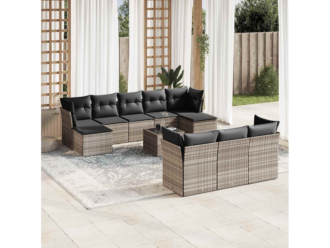 Vidaxl 11 Pcs Conjunto Sofás De Jardim C/ Almofadões Vime Pe Cinzento