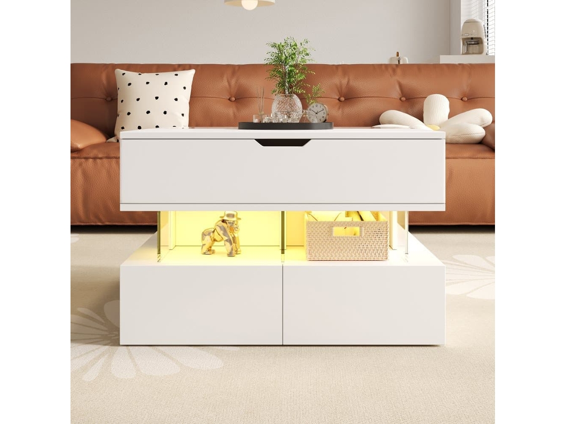 Mesa De Centro Elevável 16 Cores - Vidro, Suportes Acrílicos - Branco