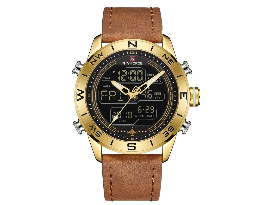 Relógio Masculino Naviforce de Quartzo com Pulseira Pu, Resistente À Água e Movimento Duplo (dourado)