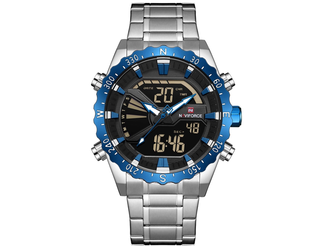 Relógio de Pulso Masculino Naviforce Aço Resistente À Água com Calendário Branco Azul