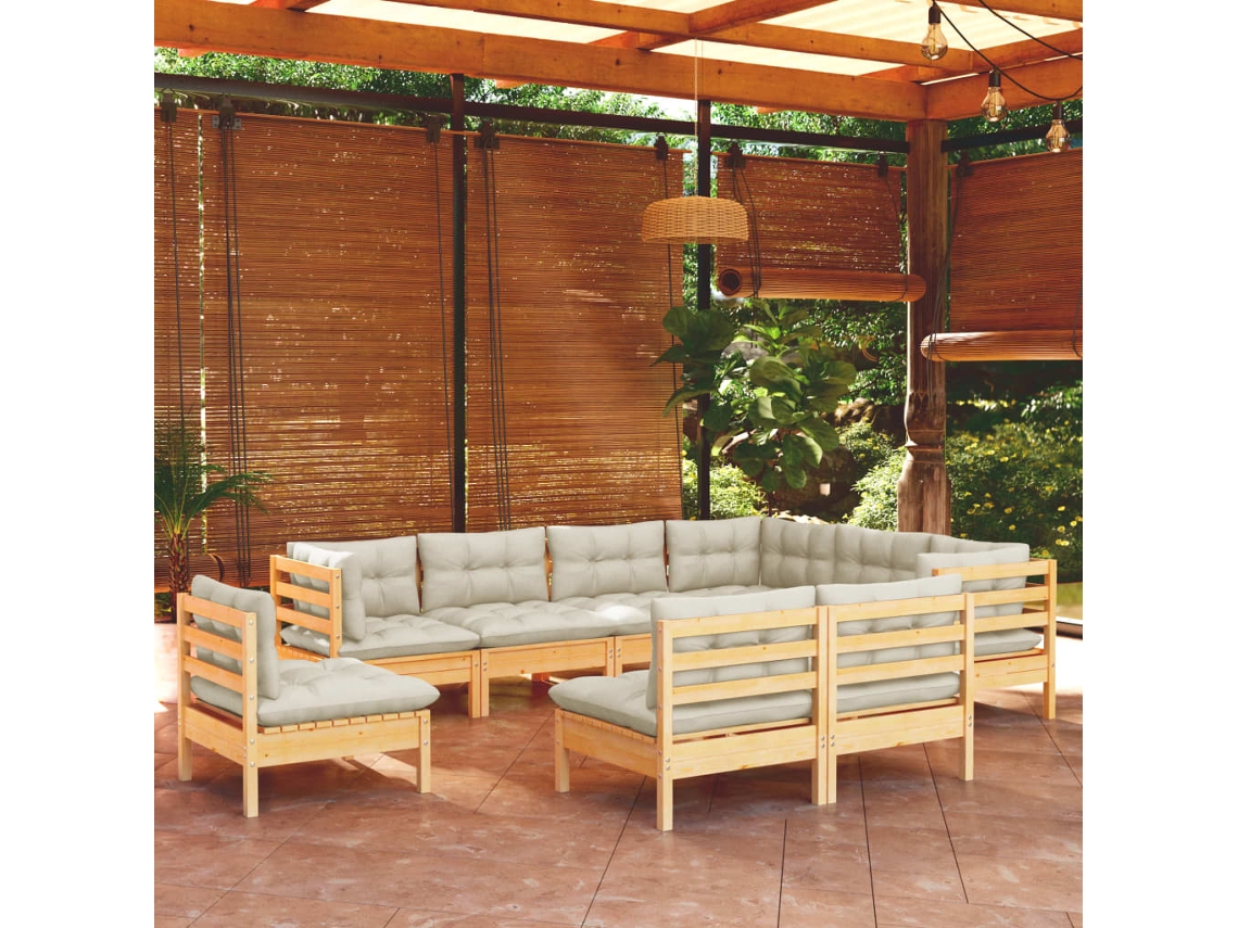 Vidaxl 9 Pcs Conjunto Lounge Jardim C/ Almofadões Creme Pinho Maciço